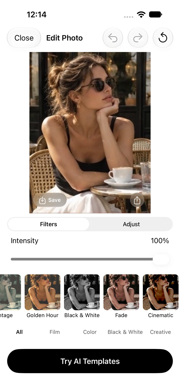 Nomicam’s photo editor with filters and adjustment tools