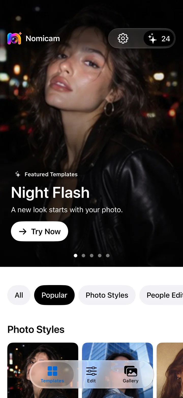 Nomicam’s photo templates and styles screen