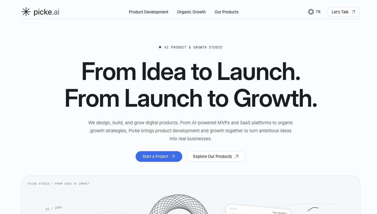 Picke.ai’s English homepage: From Idea to Launch. From Launch to Growth.